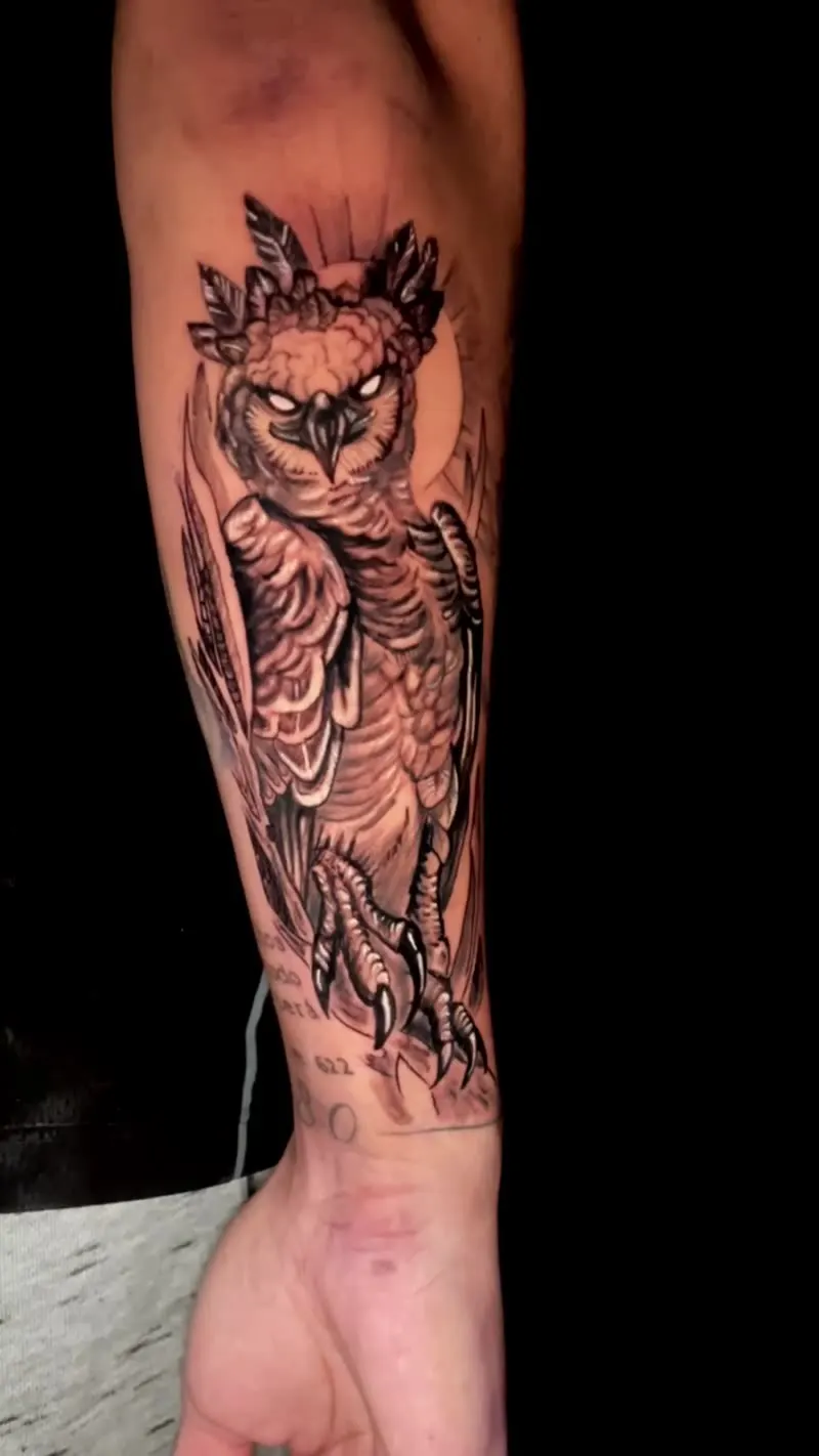 Tatuagem de coruja estilizada no antebraço feita no Caliaro Art